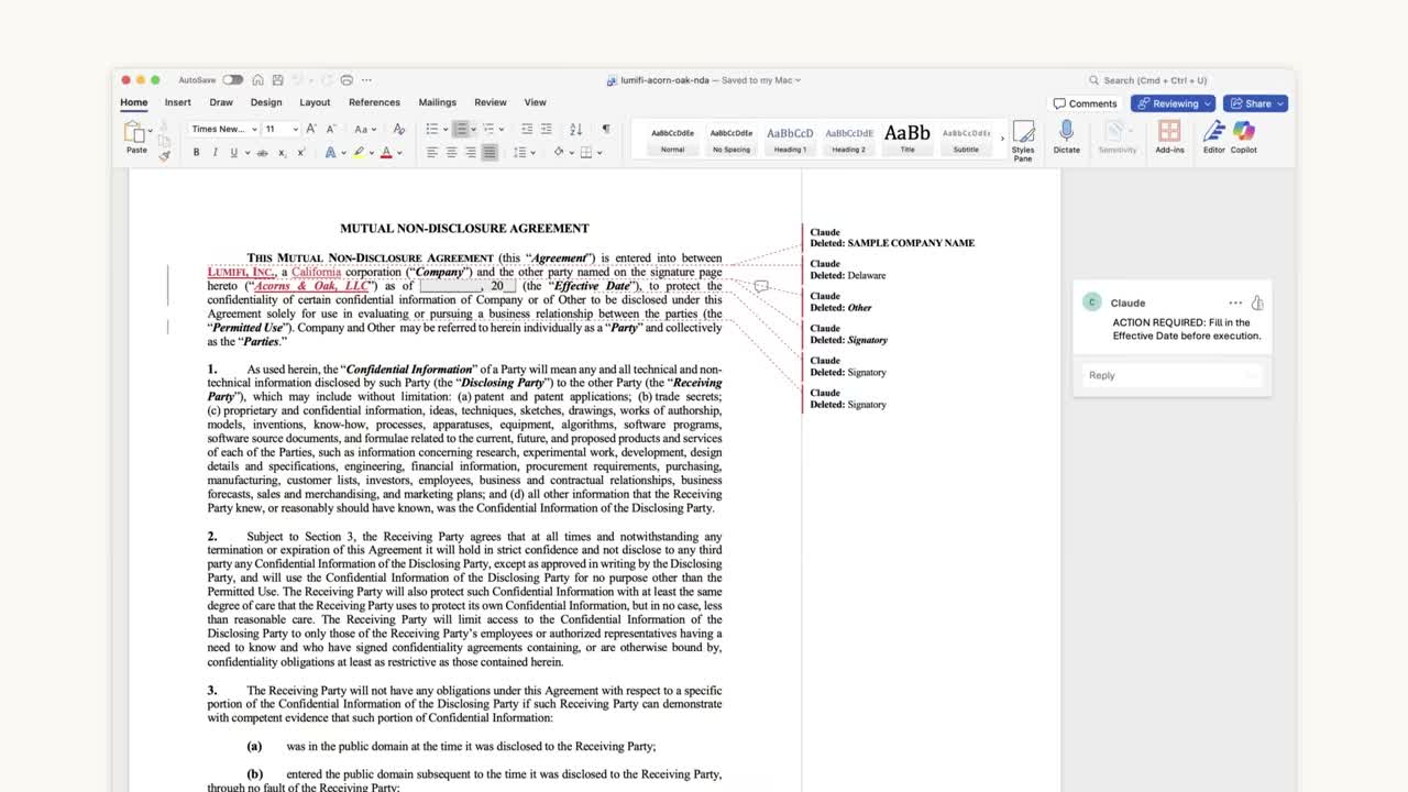 Claude reviewing and redlining a deal, flagging the risks in the document